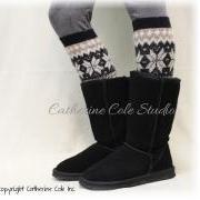 CUDDLY CASHMERE, LW8- tan/black super soft knit snowflake womens legwarmers for boots leggings snowflake leg warmers Catherine Cole Studio