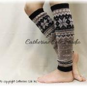 CUDDLY CASHMERE, LW8- tan/black super soft knit snowflake womens legwarmers for boots leggings snowflake leg warmers Catherine Cole Studio