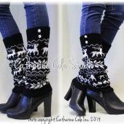 SCANDINAVIAN SKI inspired Black snowflake pattern leg warmers, Perfect compliment for all boots styles by Catherine Cole Studio LW24