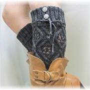 NEW thick knit open pattern knit cuff leg warmers in CHARCOAL lace buttons legwarmers Catherine Cole Studio