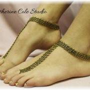 BRONZE GOLD chain metal mesh Barefoot sandals great for summer , 1 pr. slave sandals foot jewelry resort wear Catherine Cole BF7