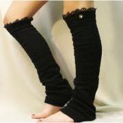 New Dancer ballerina yoga EXTRA LONG leg warmers womens -BLACK popcorn texture, lace buttons by Catherine Cole Studio legwarmers