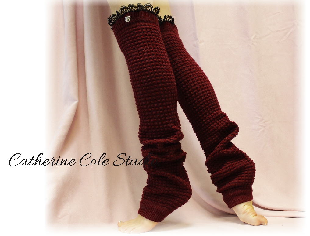 Burgundy Dancer Ballerina Yoga Extra Long Leg Warmers Womens Popcorn Texture, Lace Buttons By Catherine Cole Studio Legwarmers Lw23