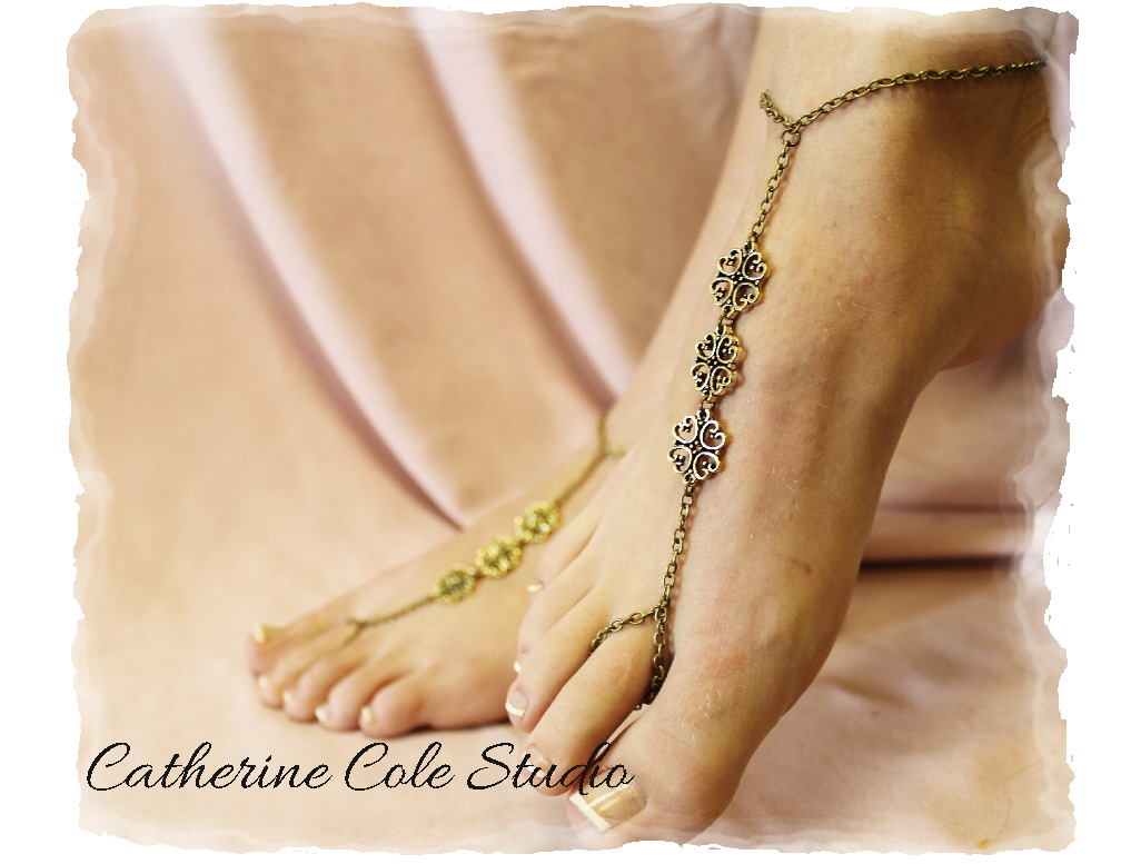 Lavish Love Bronze Filigree Charm Barefoot Sandals 1 Pr. For Beach Weddings Beachwear Sandals Foot Jewelry Catherine Cole Studio Bf15