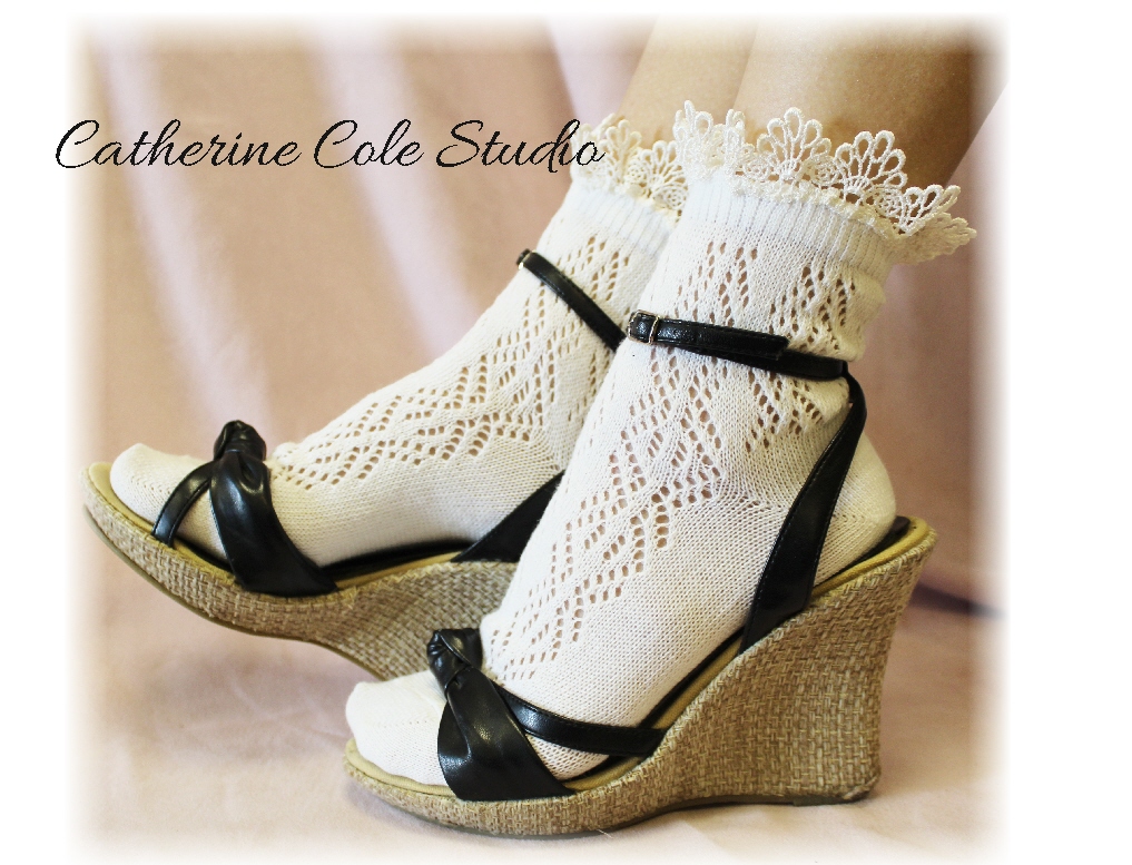 Lace Socks For Heels Baby Doll, 80"s Inspired Pointelle Crochet Lace Socks , Pretty For Summer Flats Or Heels Catherine Cole Studio