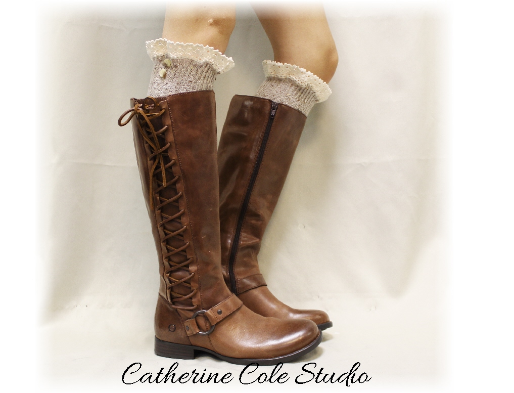 Nordic Woods Oatmeal Tweed Lace Boot Socks, Scandinavian Sophistication For All Boot Styles Made In America By Catherine Cole Bks2bl