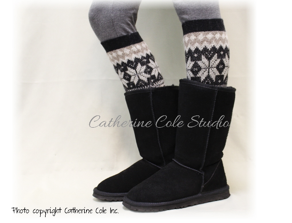 Cuddly Cashmere, Lw8- Tan/black Super Soft Knit Snowflake Womens Legwarmers For Boots Leggings Snowflake Leg Warmers Catherine Cole Studio