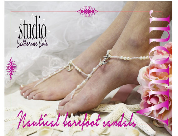 Anchor Amour Barefoot Sandals Pearl Nautical Beach Wedding Foot Jewelry Bridal Shoes Bridesmaids Footless Sandles Catherine Cole Bf20