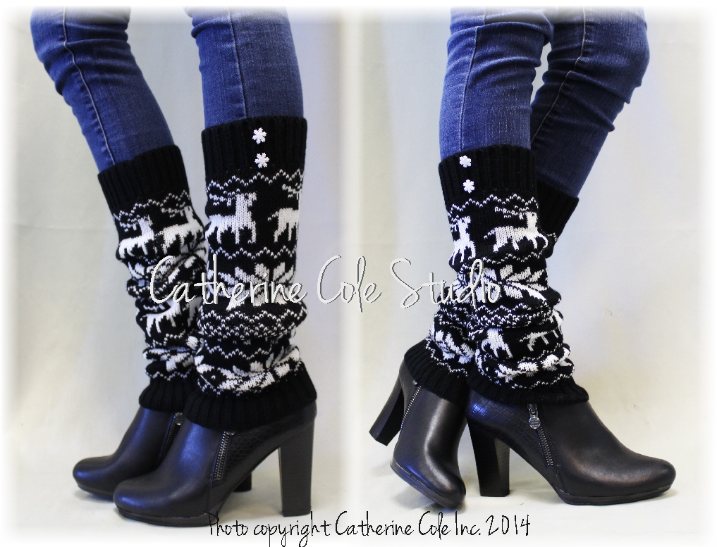 Scandinavian Ski Inspired Black Snowflake Pattern Leg Warmers, Perfect Compliment For All Boots Styles By Catherine Cole Studio Lw24