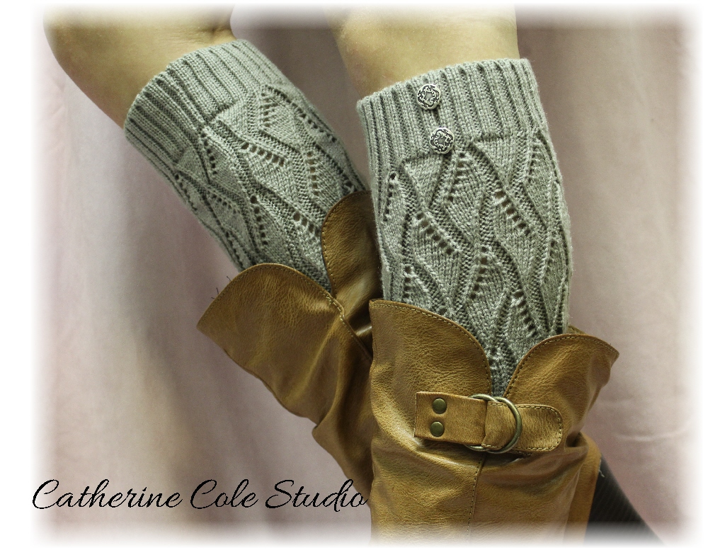 Silver Grey Open Crochet Knit Leg Warmers Lw18 / Womens Knit Pattern Great With Cowboy Boots By Catherine Cole Studio Legwarmers