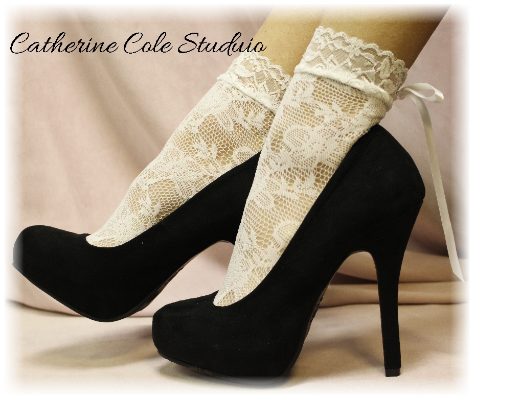 .white Baby Doll Lace Socks For Heels Retro 80"s Look Holiday Parties Stretch Lace Socks Flats Or Heels Catherine Cole Studio